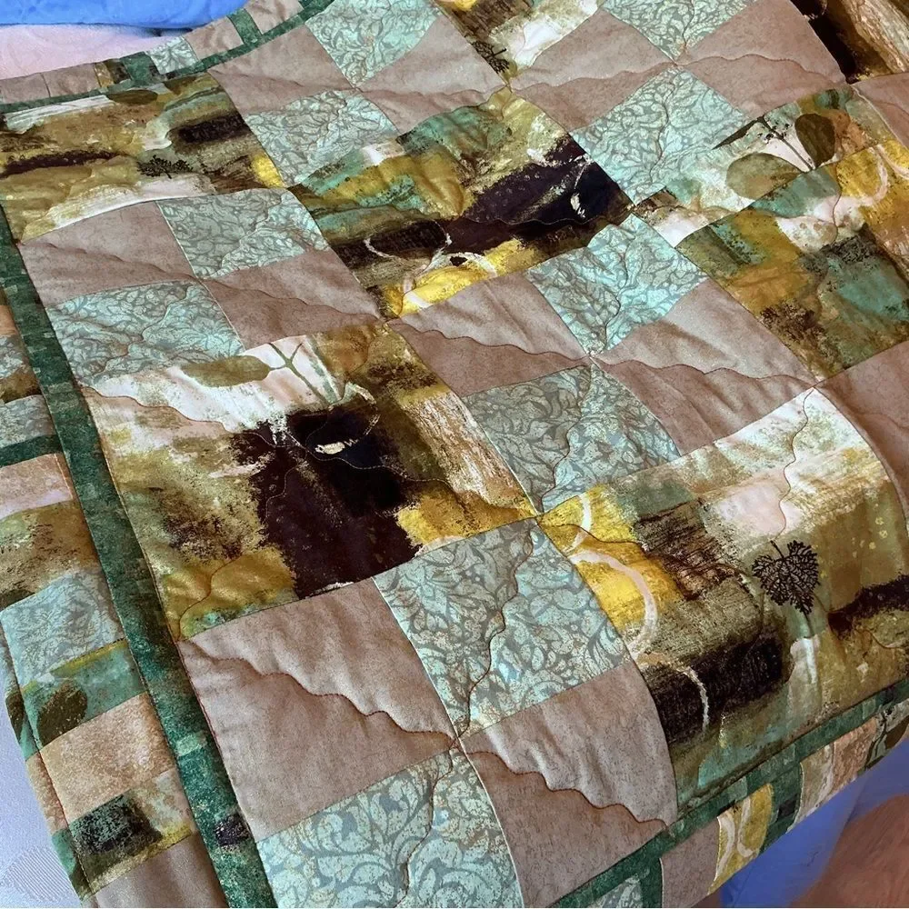 NWT Hand Crafted Greens and Golds Nature Prints Lap Quilt